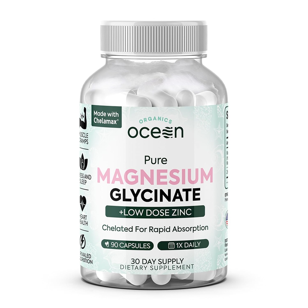 Organisasi Ocean Pure Magnesium Glycinate dengan Zinc - Maximum Stringed Magnesium Suplement for Women for Muscle Kramps and Sleep Support - 90 Capsule
