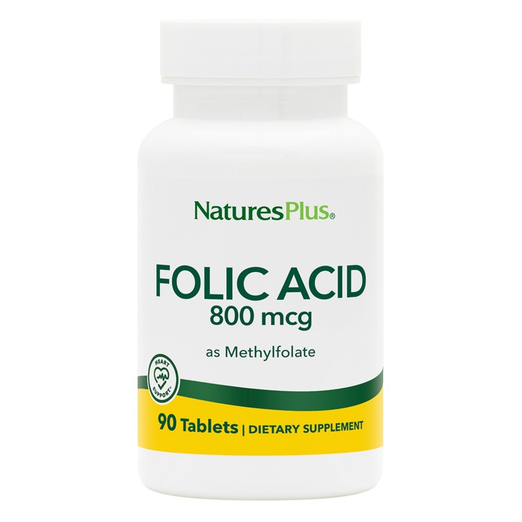 Natures Plus Folic Acid (Methylfolat) - 800 mcg, 90 Vegan Tablet - Supports Healthy Tease Growth - Vegetarian, Gluten- Free - 90 Servings
