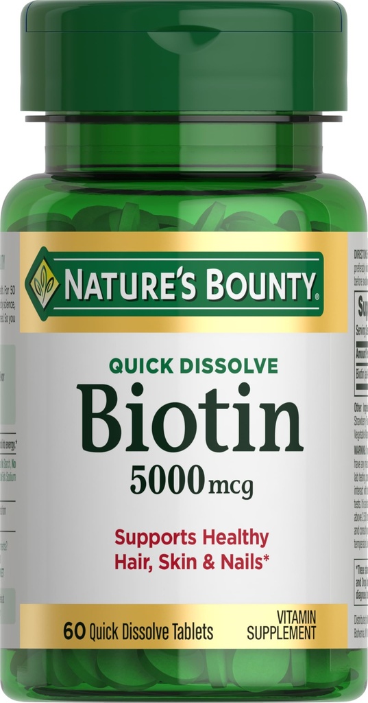 Nature 's Bounty Biotin, Support Metabolisme for Cellular Energy and Healthy Hair, Skin, and Nails, 5000 mcg, 60 Quick Dissolve Tablets