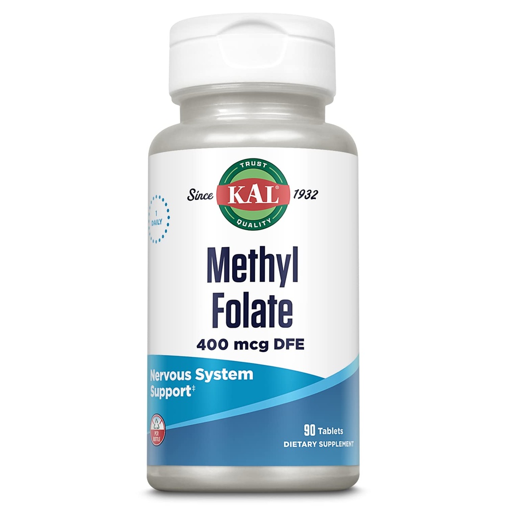 KAL Metyl Foil 400 mcg DFE, 5- MTHF Active Form Vitamin B9, Folic Acid Suplement, Prenatal, Mood and Brain Dupport, Fast Dissoling ActivTab, 60- Day Affitee, 90 Pelayan, 90 Tablet