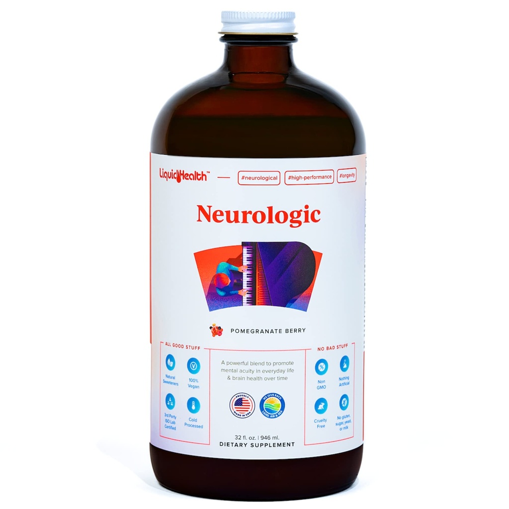 LiQUIDHEALTH Neurologic Focus Supplement - Brain Bootropic Supplement for Cognitive Function, Memory & Focus with Ginkgo Biloba, Choline, L- Theanine & Phosfatidyserline - USA Maked (32 oz)