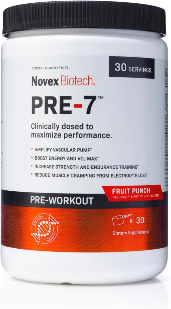 Novex Biotech PRE-7 Pre-Workout Powder for Men - Boost Energy, Focus, dan VO2 max, Dukungan Hidration Selama Latihan panjang *, Fruit Punch