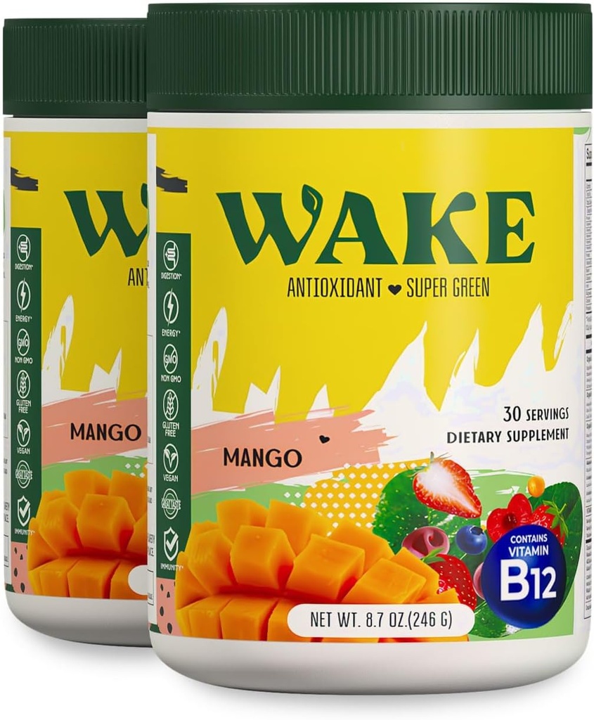 Wake Antioksidant Super Greens, Greens Powder to Reduce Bloat, Spirulina & Chlorella, Vitamin B12, Non-GMO, Healthy Diatle for Women, Enzymes, Propines, Acai Berry & Camu Camu, 2 psi dengan biaya 1