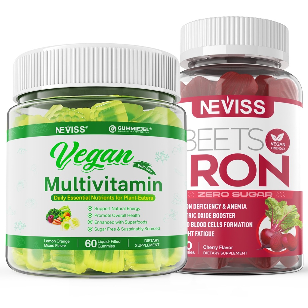 Vegan Iron Gummies dengan Vegan Multivitamin untuk Perempuan Pria dengan Besi, Vitamin B12, A, D3, K2, Algae Omega 3, Magnesium, Zinc