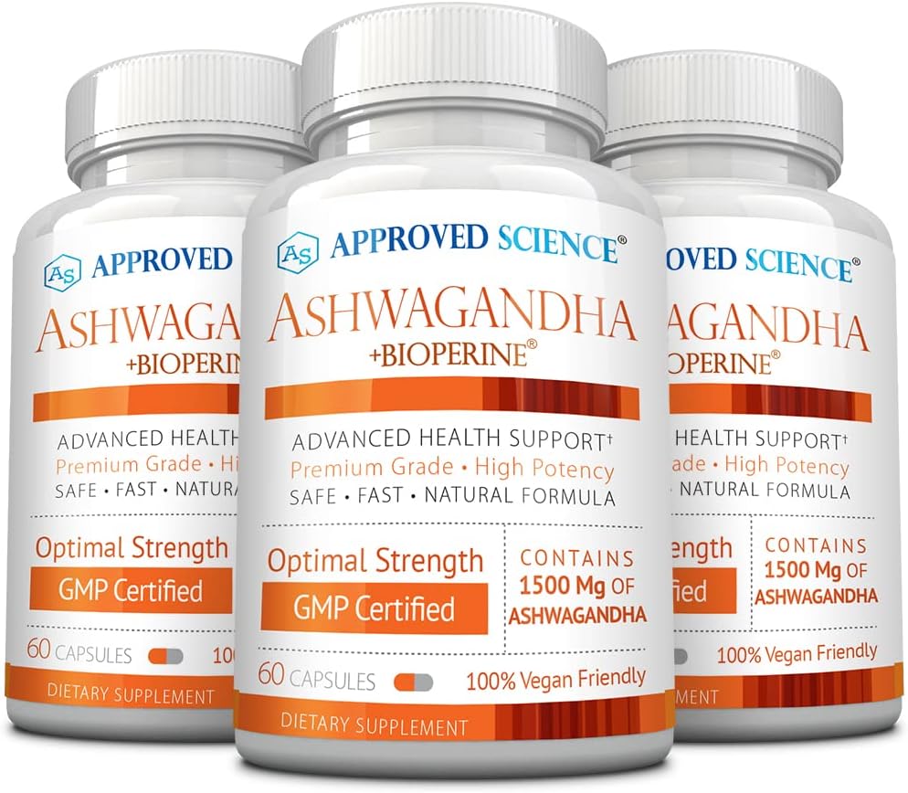Disetujui Ilmu Ashwagandha 1500mg dengan Bioperine ® dan Ginger- Boost Mood & Energy - 60 Vegan Friendly Capsules (3 Botol)