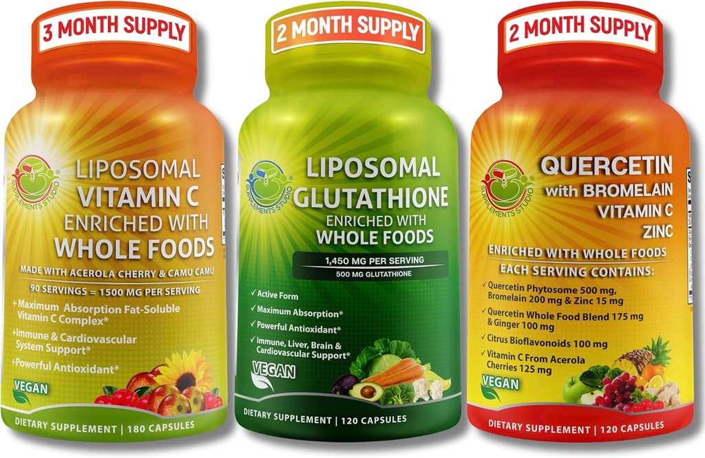 Complete Plant - Based Antioksidant & Imune Dukung Bundle - Lipomal Vitamin C 1500mg + Lipomatal Glutathione 500mg + Quercetin dengan Bromelain, Zinc & Vitamin C - Vegan, Enhanced Absorpsi Formula