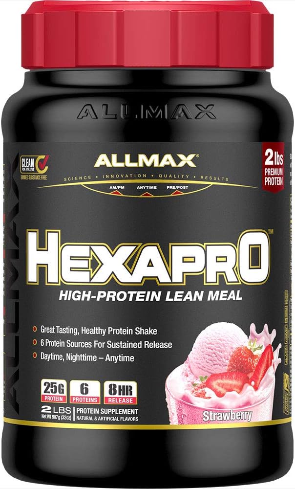 ALLMAX HEXAPRO, Strawberry - 2 lb - 25 Grams Protein Per Serving - 8-Hour Diterima Pelepasan - Nol Gula - 21 Hamba