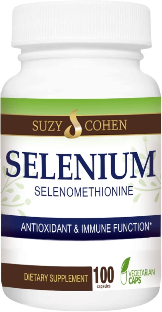 Suzy Cohen Selenium Suplemen 200 mcg, Mempertahankan Hati Sehat, Sistem Imune, Dukungan Thyroid, fungsi bersujud, Yast Free Cheleated Tummy Friendly Acid, Sangat Bioavailable, 100 Veg Capsule