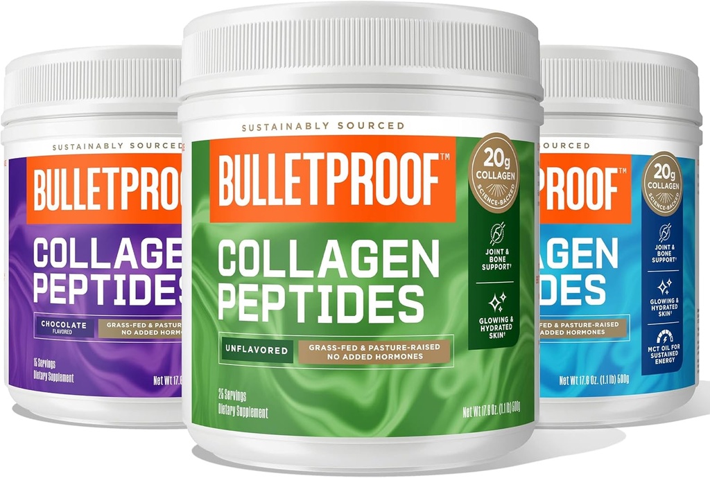Bulletproof Collagen Peptides 18g Protein, 17,6 Oz Cokelat Peptides with MCT Oil, 19g Protein, 17,6 Oz Vanilla Peptides dengan MCT Oil, 19g Protein, 17.6 Oz