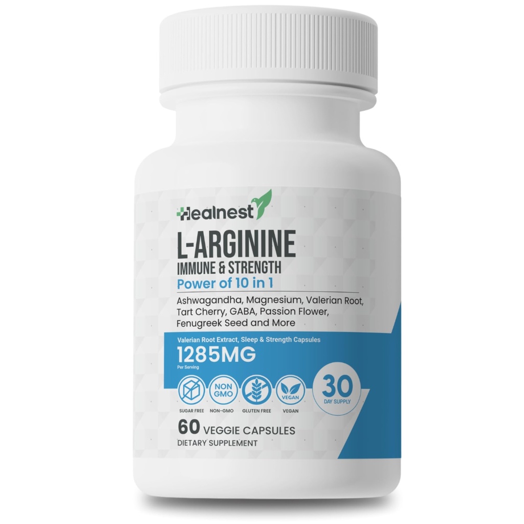 L- Arginine Capsules - 1285MG Blend of Ashwagandha, L- Theanine, Magnesium, GABA, Zinc & Tart Cherry - Muscle Recovery, Stress Relief, Mood Support - Non-GMO, 60 Vevgie Capsules For Men And Women