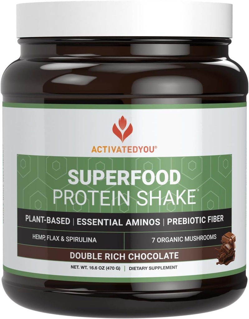 ACTIVATEDYOU Protein Superfood Shake-Vegan Tanaman Protein Powder - dengan Organik 7 Mulhroom Blend, Spirulina, dan GoldRella Chlorella - Prootes Integritas Otot, Chocolate Flavor (15 Pelayan)