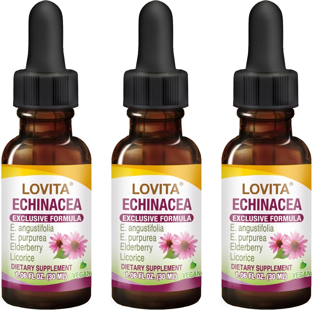 Lovita Echinacea Extract Liquid 124; 1 FL OZ 124; 350 mg per Serving 124; konsentrasi Herb Tincture 124; Vegan 124; Alcohol- Gratis 124; dengan Elderberry dan Licorice Ektract (Kemasan 3)