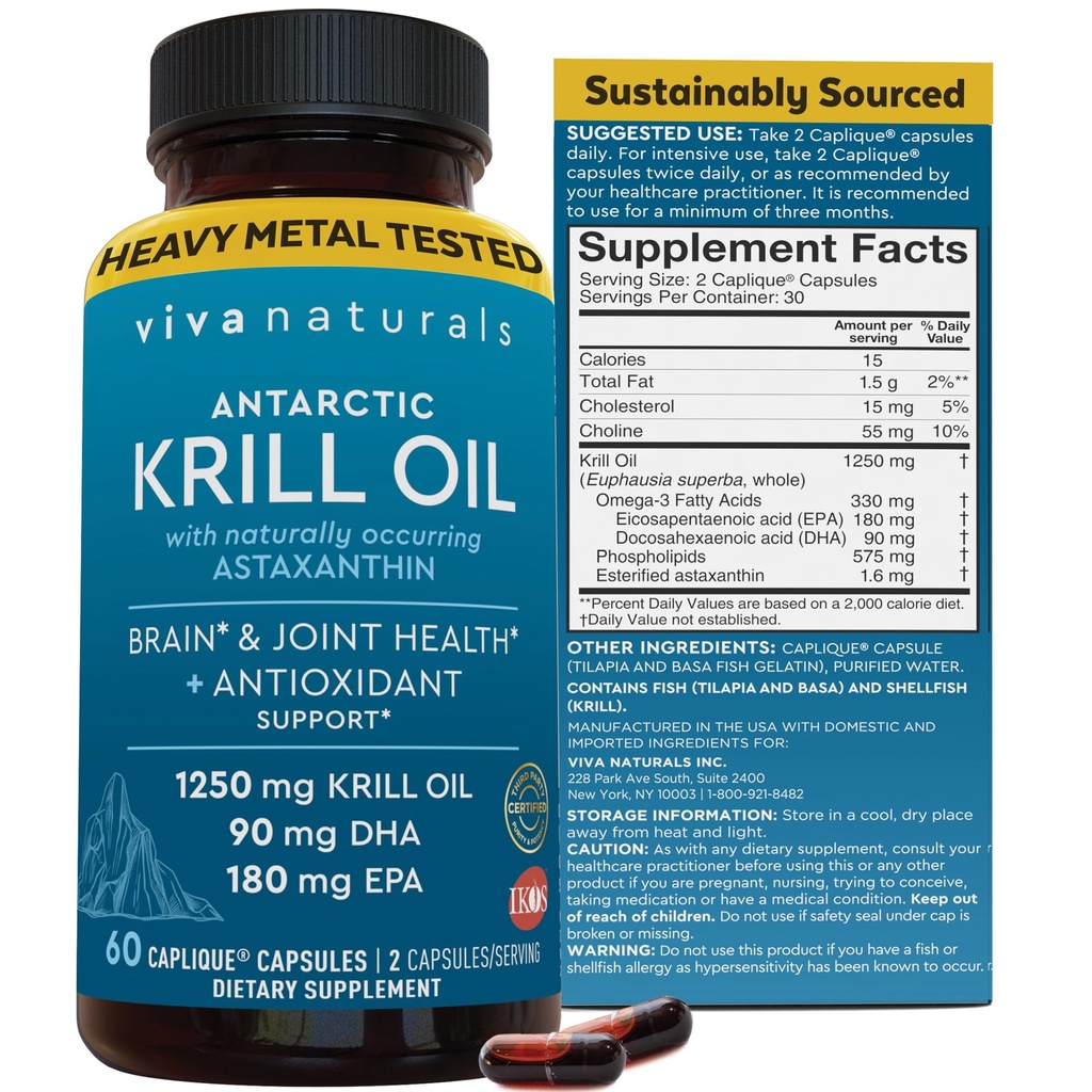 Viva Antartika Krill Oil Omega 3 Supplemen 1250 mg - DHA EPA Omega-3 & Astaxanthin konsentrasi untuk Kesehatan Gabungan, Tidak Fish Burp - 60 Krill Oil Capsules