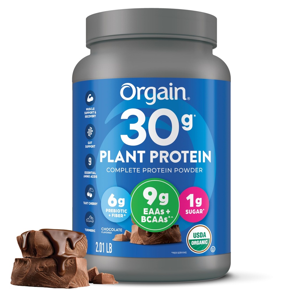 Orgain Organic 30g Vegan Protein Powder, Chocolate 9g EAAs + BCAAs, Plant Protein, 6g Prebiotic + Fiber, 1g Sugar, Pre- Workout, Muscle Dukung + Recovery - 2.01lb (Packaging May Vary)
