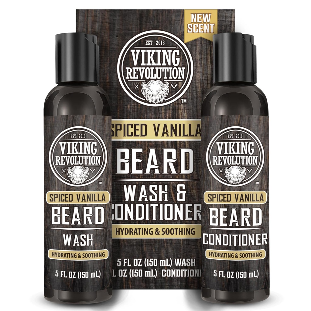 Viking Revolution Beard Wash and Beard Conditioner for Men with Argan Oil and Jojoba Oil - Beard Softtener and Strengthener Beard Care Shampers and Conditioner with Beard Oil (5oz, Spiced Vanilla)