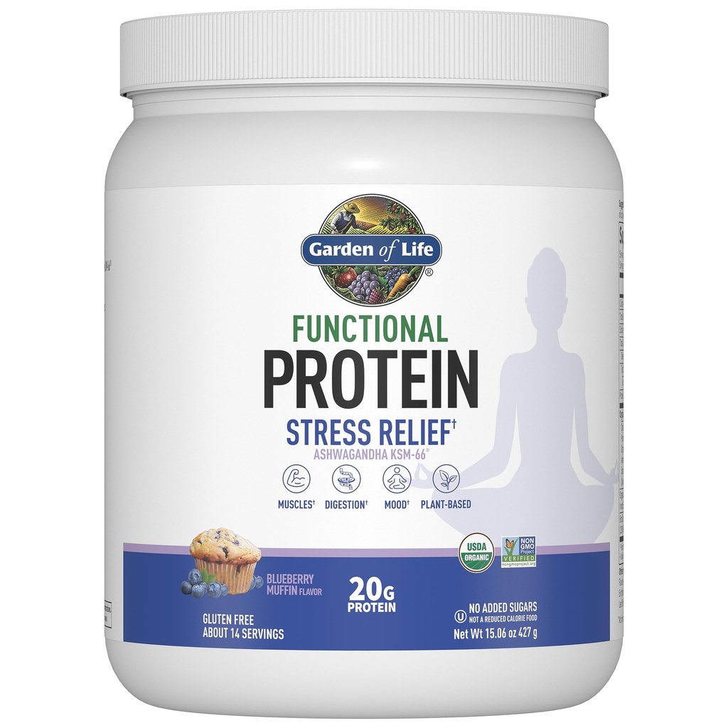 Taman Kehidupan - Fungsional Protein Stress Relief - 20g Organik Sprouted & Ferintered Protein Blast - Blueberry Muffin, Mood Blend for Stress Management, Ashwagandha KSM-66, Vegan - sekitar 14 pelayan