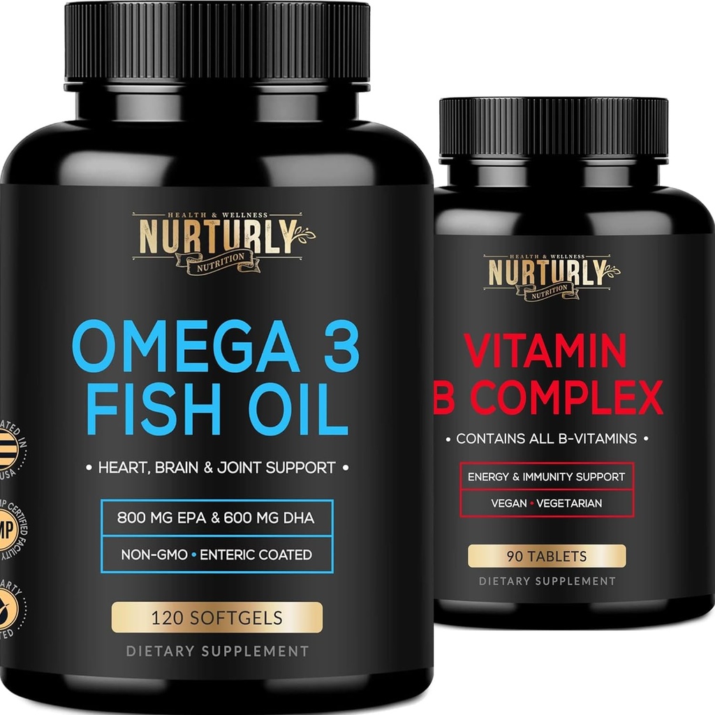 Vitamin B Complex and Omega 3 Fish Oil - B Vitamin B1, B2, B3, B5, B6, B9, B12, dan Biotin - Fish Oil 2000mg EPA, 800mg DHA - Energi, Imunitas, Gabungan, Otak, dan Kesehatan Hati