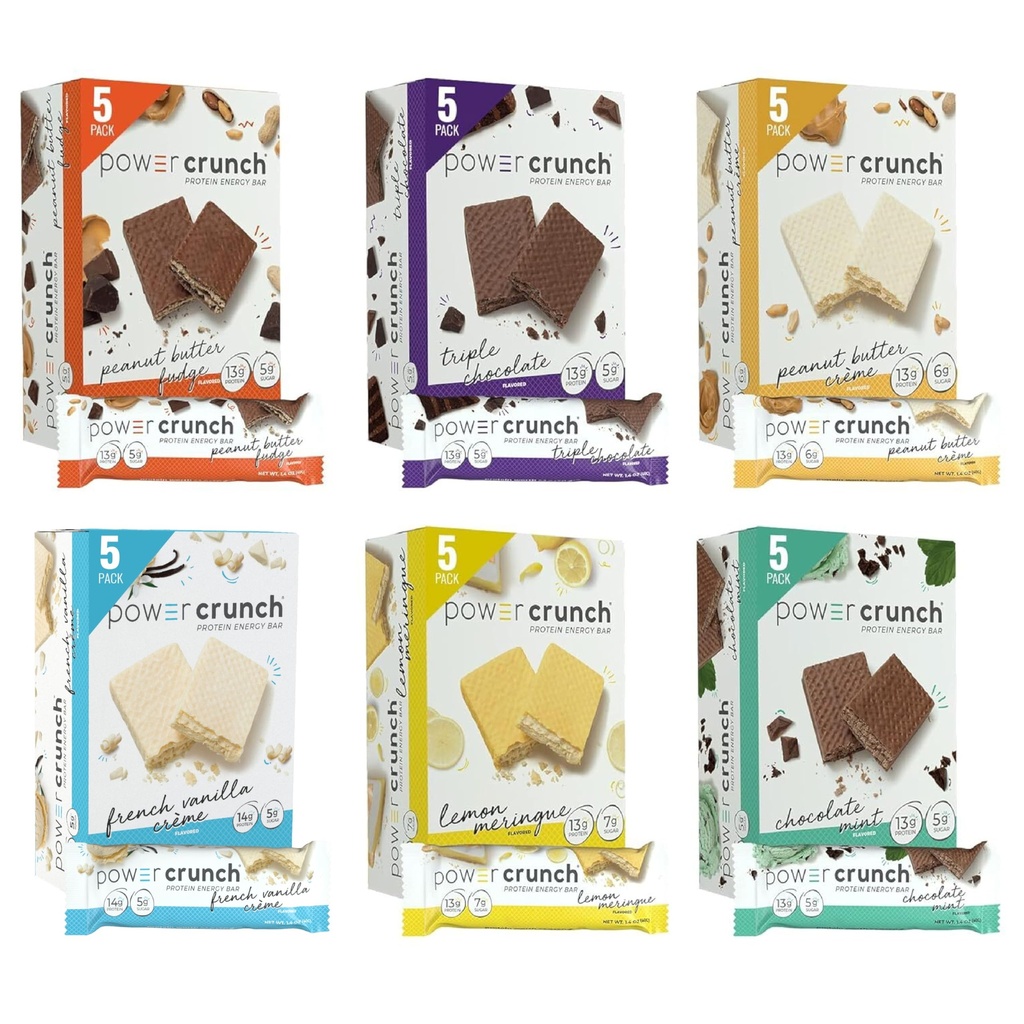 Power Crunch Protein Waper Bars, Variety Pack, dalam 6 Flavors 1,4 Ounce Bars (30 Count). Selokan Protein Tinggi dengan rasa lezat