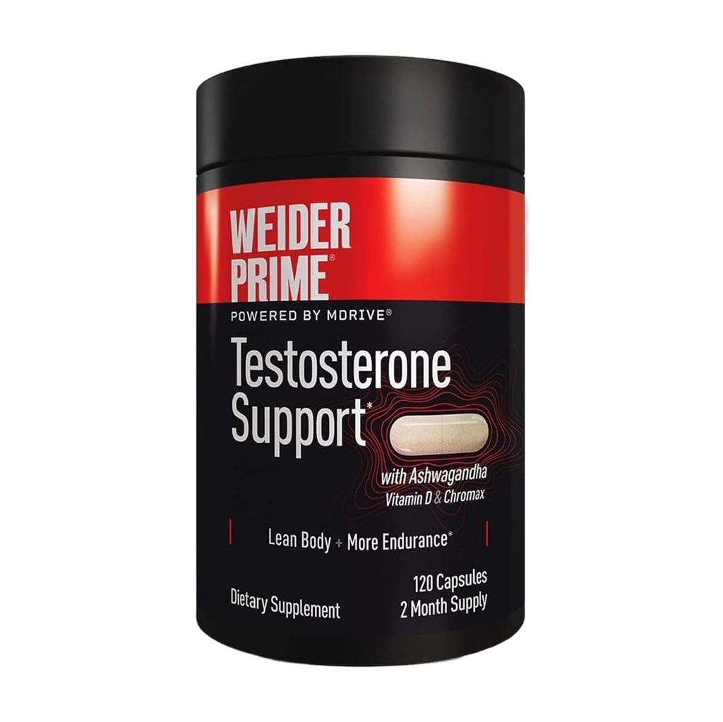 Weider Prime Testosteron Support - Men 's Nultrition - Enriched with Vitamin & Minemins - with Ashwagandha, Chromax Chromium, Bioperin & Zinc - Gluten Free - 120 Capsules