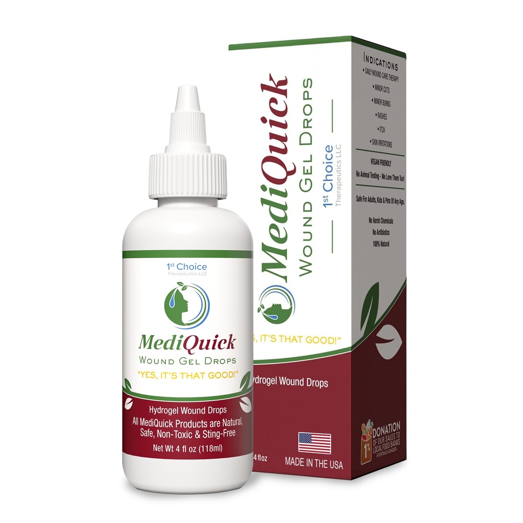 MediQuick Skin & Weund Care Hydrogel Drops - Quick Healing First Aid Drops with 12 Hours Action to Heal Cuts, Burns, Inflammation, Rash, Itch, Eczema & More - Safe Wound Wash with No- Sting - 4 Fl Oz