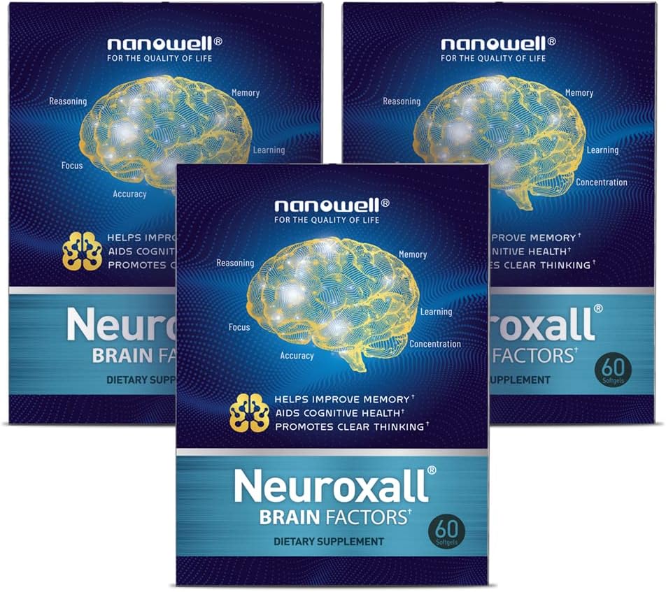 NANOWELL Neuroxall Brain Health Support for Enhanced Cognitive Function and Mental Clarity, Astaxanthin, Ginkgo Biloba Extract, Antioksidant - 60 Softgeels X 3 Box untuk 3 Bulan (180 Count)