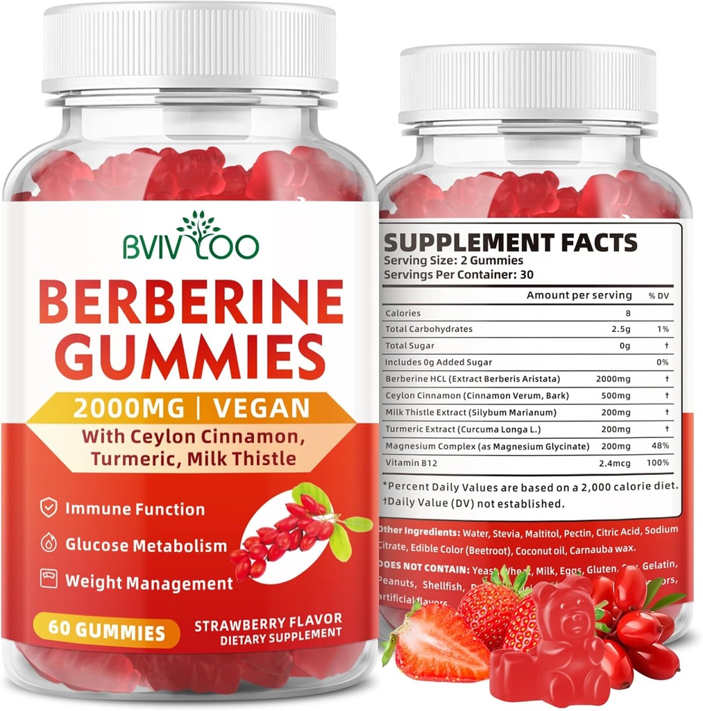 Berberine Gummies, Sugar Free 2000mg High Potency HCI Supplement, Plus Ceylon Cinnamon, Milk Thistle for Women & Men, Immune System & Metabolisme Dukungan - 60 Gummies