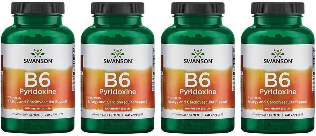Swanson B6 Pyridoxine - Vitamin Suplemen Promoting Cardiovaskular Health & Energy Metabolisme - Natural Formula Promoting Overall Wellness - (250 Capsules, 100mg Setiap) (4 Pack)