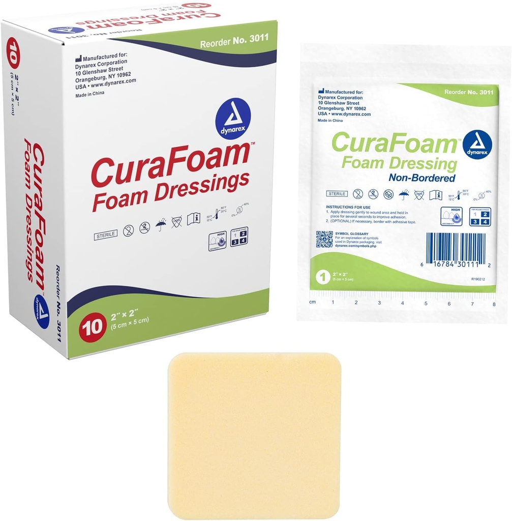 Dynarex 3011 CuraFoam Foam Dressing, Non-Borded, Sterile, Provides Cushioned and Moist Wound Care, 2 "x 2", Paket 10