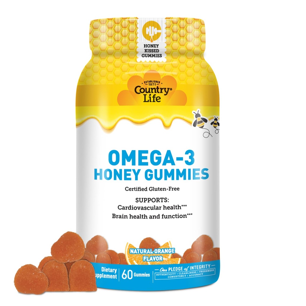 Country Life Omega-3 Honey Gummies - Cardiovaskular & Brain Health Support - Non- GMO, Disertifikasi Gluten Free - Alam- 60 Gummid