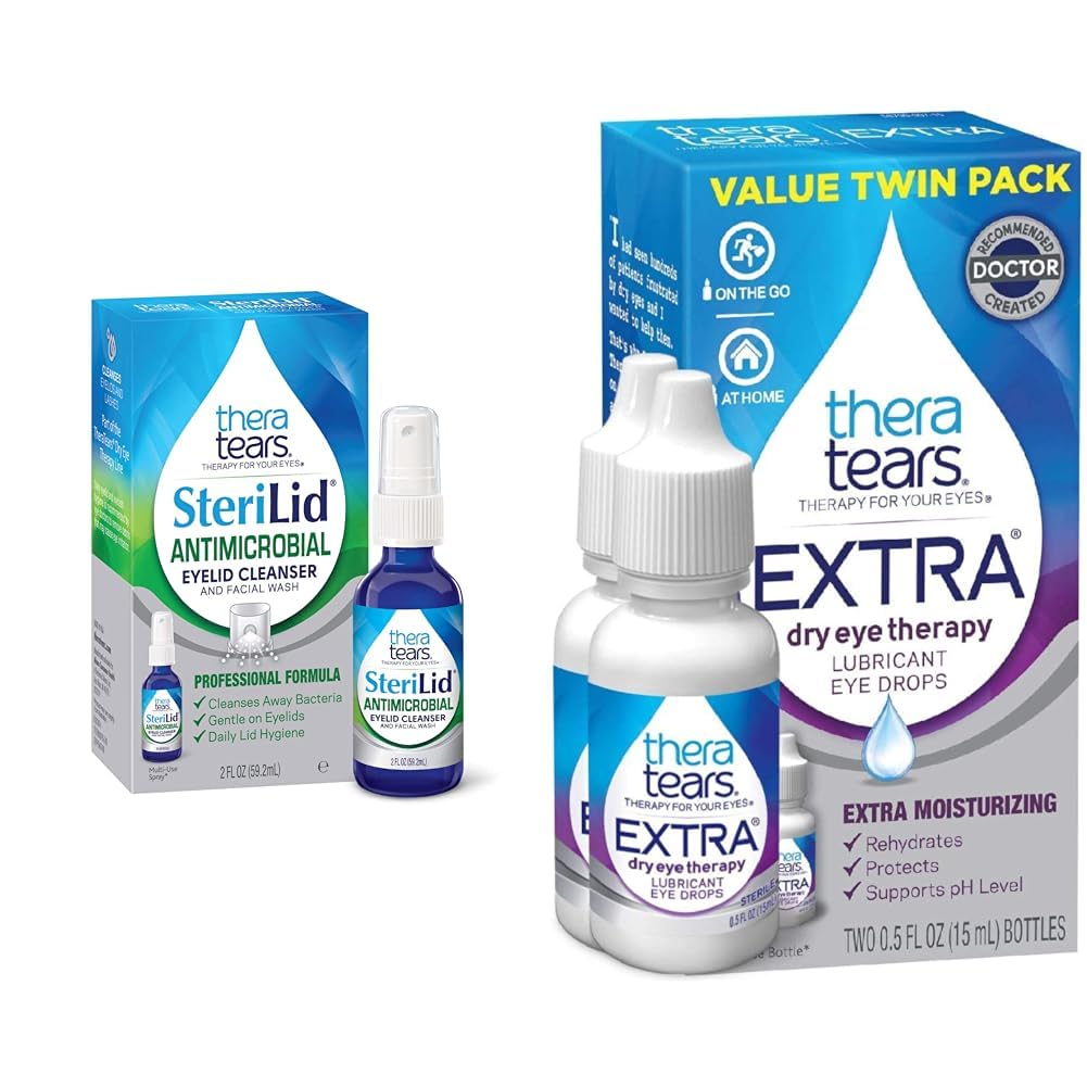 TheraTears Extra Dry Eye Therapy Lubricating Eye Drops for Dry Eyes, 0.5 fl oz Bottle, 2 Count & SteriLid Eyelid Cleanser dan Face Wash, untuk iritasi mata, 2 fl oz Spray