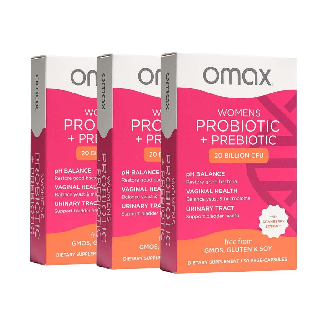 Omax3 Women Probiotic + Prebiotic, Cranberry & Chicory Root, 20 Milyar CFU, 6 Clinically Proven Strains, Vaginal pH, UTI, Bloating, (Packaging May Vary) Aggy 124; 90 Vege Capsules (3 Boxes)