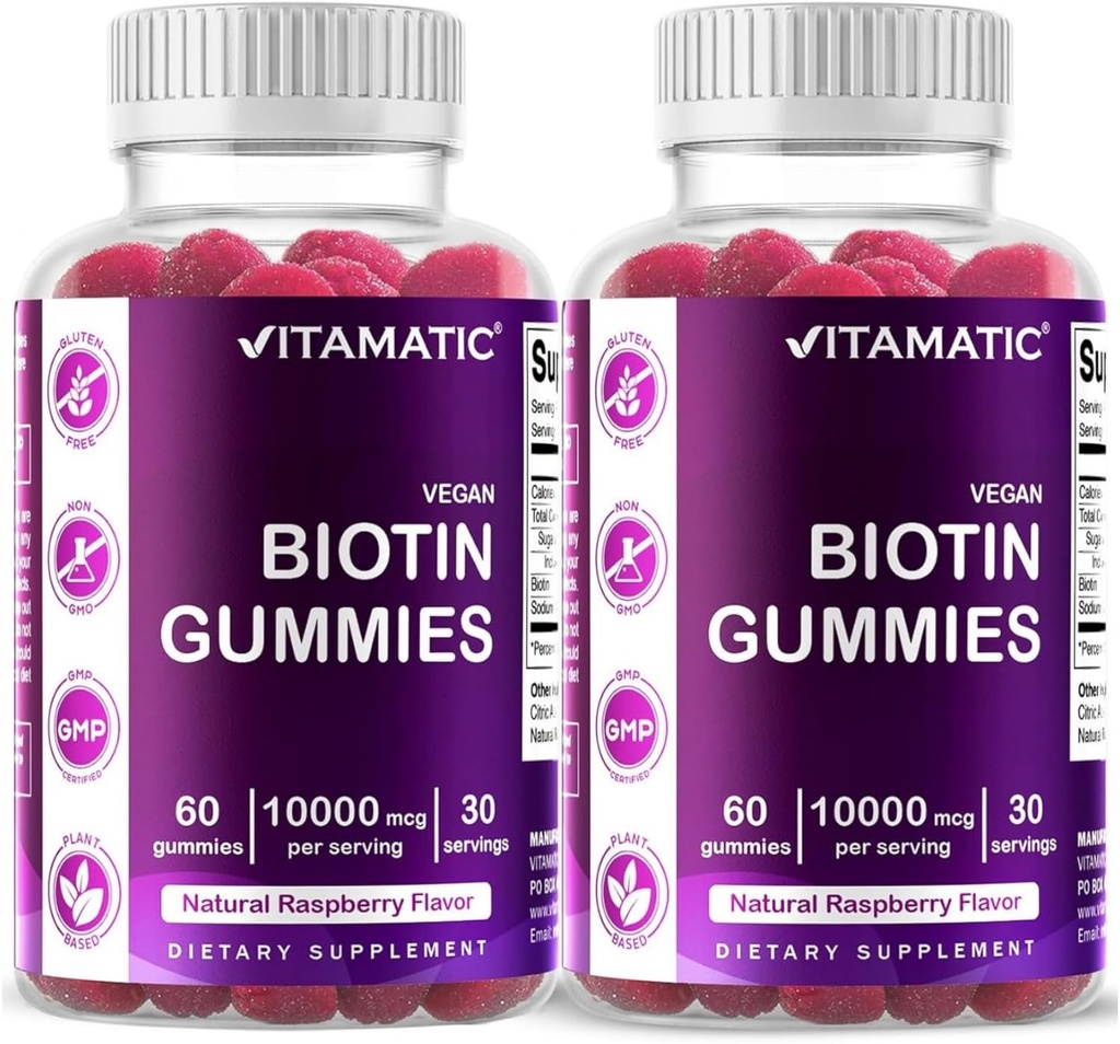 Vitamatic Biotin Gummies 10,000 mcg for Stronger Hair, Skin & Nails - 60 Vegan Gummies - juga disebut Vitamin B7 (2 Botol)