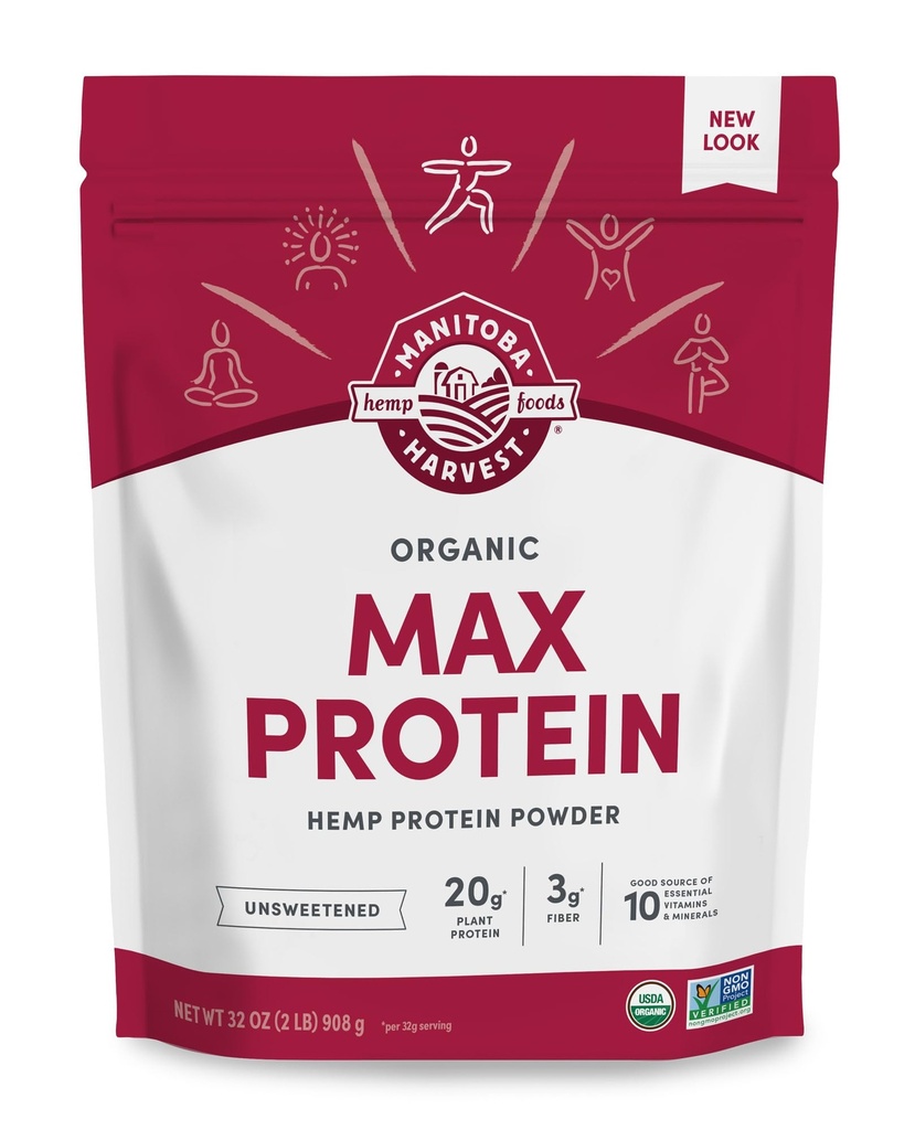Manitoba Harvest Hemp Yeah Organic Max Protein Powder, Unsweetened, 32Oz, dengan 20g Protein dan 4.5g Omega 3 & 6 per Serving, Keto- Friendly, Preservative Free, Non-GMO, Packaging May Vary