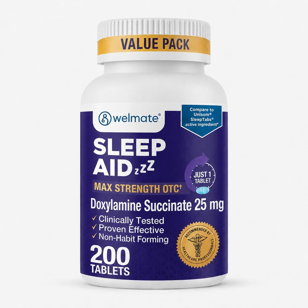 WELMATE - Nighttime Sleep Aid - Doxylamine Succinate 25 mg - for Dewata & Children 12 + - 200 tablet