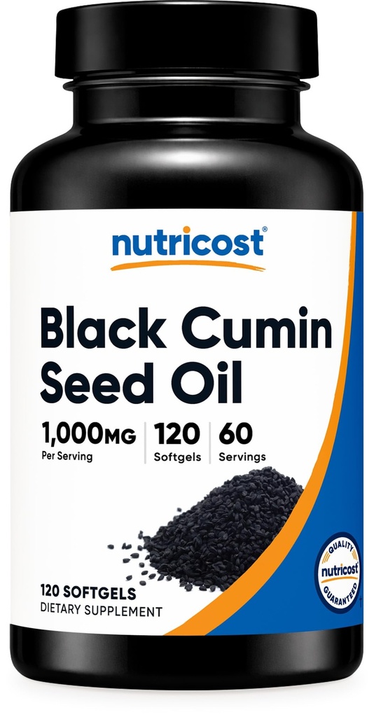 Nutricost Black Seed Oil (Cumin) - Cold Pressed, Sumber Omega 3 6 9- 120 Softgels, 10000mg Per Serving, 60 Serving - Non-GMO dan Gluten Free