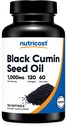 Nutricost Black Seed Oil (Cumin) - Cold Pressed, Sumber Omega 3 6 9- 120 Softgels, 10000mg Per Serving, 60 Serving - Non-GMO dan Gluten Free