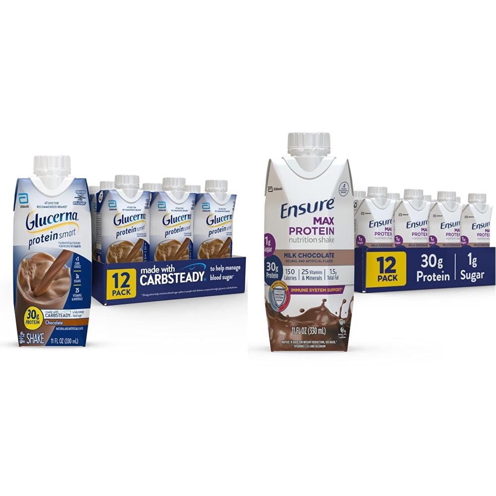 Glucerna Protein Smart Nutronation Shake & Ensure Max Protein Nuttrition Shake with 30g of Protein, 1g of Sugar, High Protein Shake, Milk Chocolate, 11 Fl Oz (Pack of 12), Cair, Halal