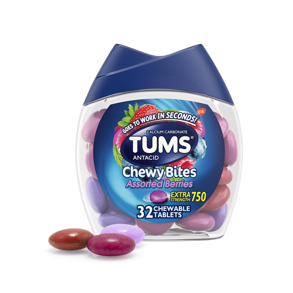 TuMS Chewy Bite Antax Tablet untuk Bantuan Berries Heartburn & Acid Intervention, Berries Yang Disukai, 32 Cacah