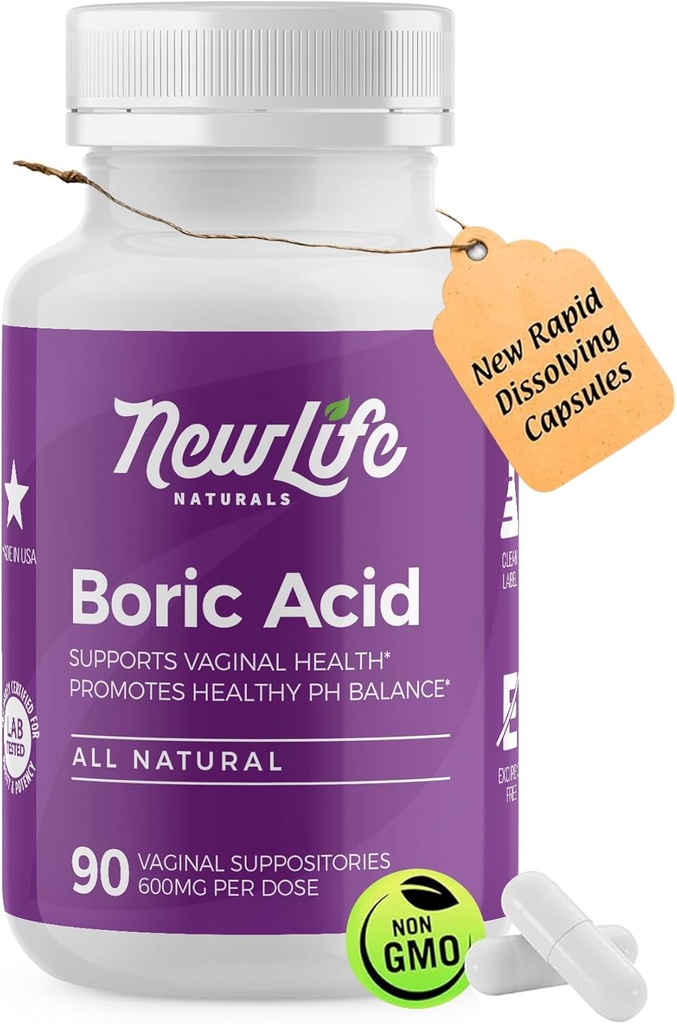 NewLife Comparals - Medical Grade Boric Acid Vaginal Suppotory - 600mg - 100% Women Pure pH Balands - Infeksi Yeast, BV - 90 Capsules: Dibuat di USA