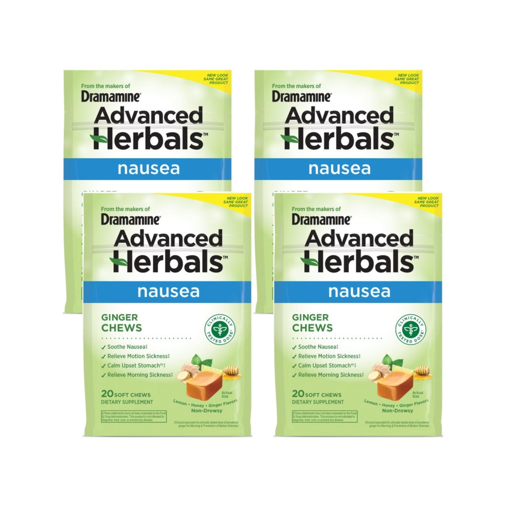 Dramamine Ginger Chews, Helping with Nausea, Lemon Honey Ginger Flavor, 20 Soft Chews (Paket 4)
