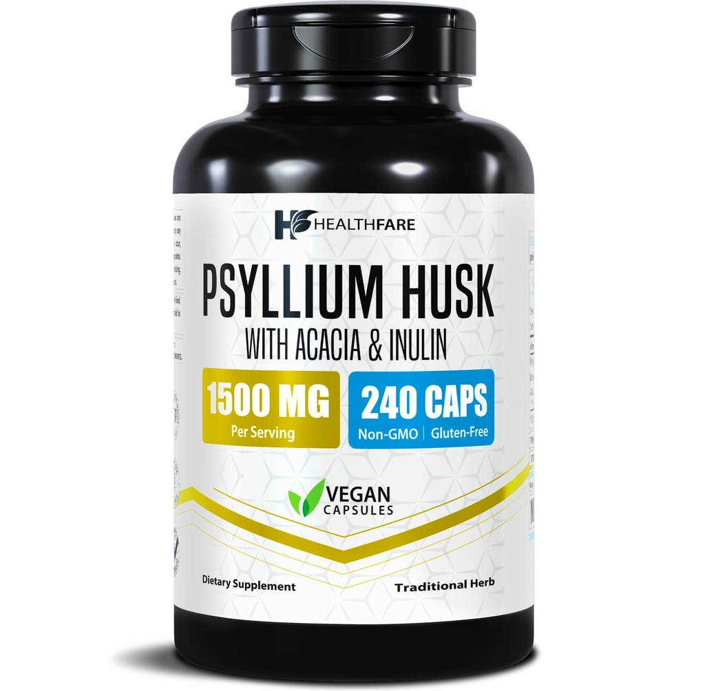 Healtfare Psyllium Husk Fiber 1500mg 124; 240 Vegan Capsules 124; Extra Strength Fiber Supplement Never 124; Supports Digetical Health 124; Non-GMO, Gluten- Free Alag 124; Made in USA