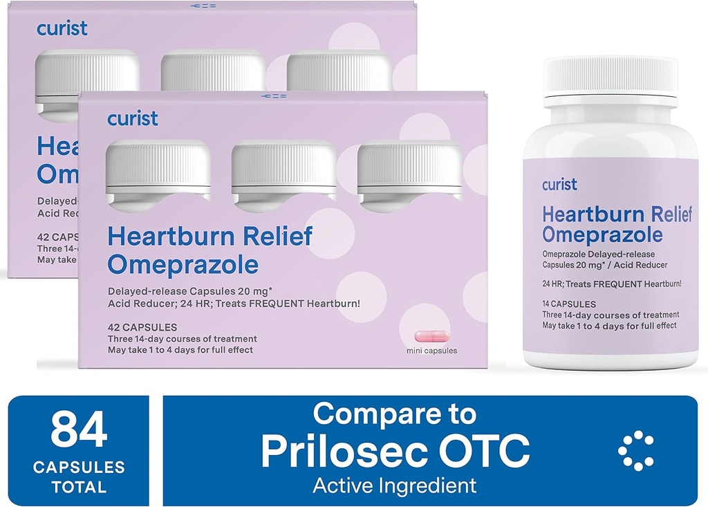 Curist Omeprazole 20mg Bulk 84 ct (2 Packs of 42 ct) Capsules Delayed- Rilis Acid Reflux Medicine for Heartburn Relief - Omeprazole Magnesium 20.6mg 84 Capsules 84