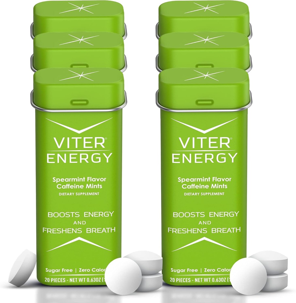 Viter Energy 40mg Caffeine Mints - Sugar Free, B Vitamin, Vegan, Boosts Fast Energized Alert Focus, Caffeinated Nootropic Supplemen (Spearmint Flavor, 20pcs, 6 Pack, 120pcs Total)