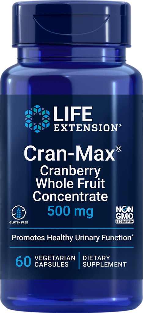 Extension Cran-Max ®, 500 mg, Cranberry Whole Fruit Concent, Promotes Urinary Tract Health with powerful antioksidants, Gluten- Free, Vegetarian, Non-GMO, 60 Capsules