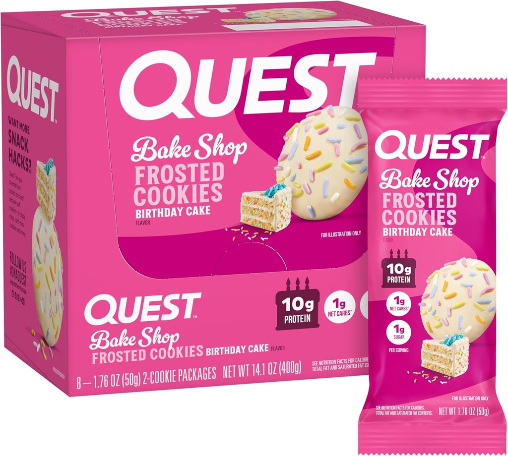 Quest Nutition Frosted Cookies Twin, Kue Ulang Tahun, 1g Sugar, Protein 10g, 2g Net Carbs, Gluten Free, 8 Count (Pack of 1)