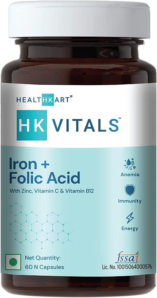Kesehatan K Iron + Folic Acid Suplement, dengan Zinc, Vitamin C & Vitamin B12, Supports Blood Building, Imunity and Energy, 60 Iron Folic Acid Capsules