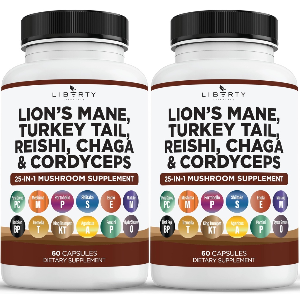 Lions Mane Mushroom Suplemen dengan Turkey Tail Reishi Cordyceps Chaga dengan Marshmallow Root - 2 - Pack