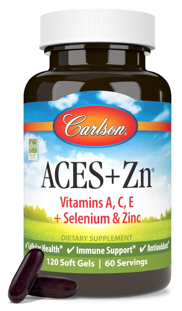 Carlson - ACES + Zn, Vitamin A, C, E + Selenium & Zinc, Cellular Kesehatan & Imune Dukungan, Antioksidant, 120 Softgels