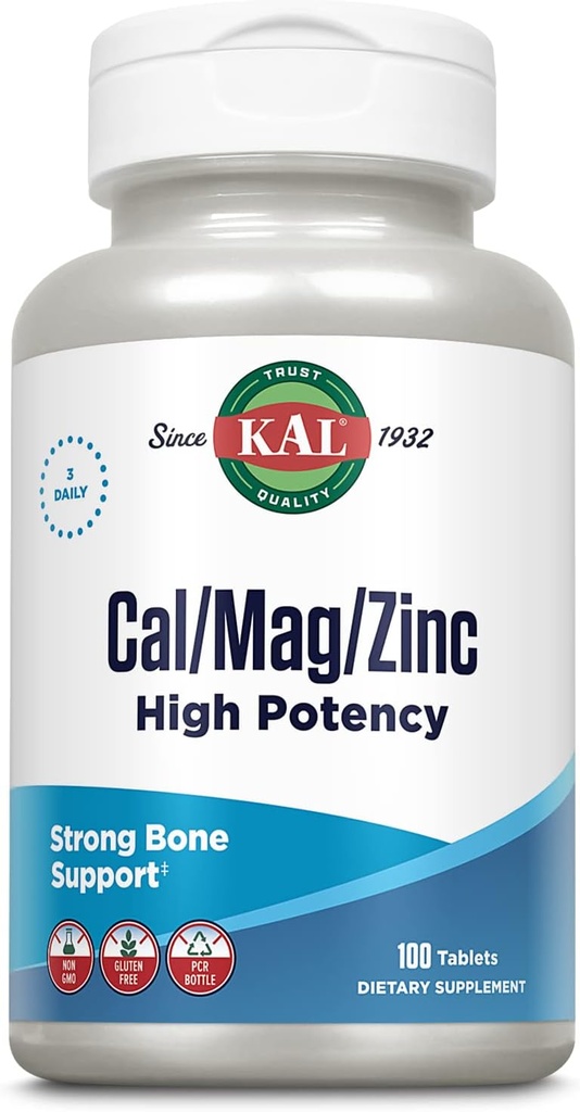 KAL Cal / Mag / Zinc 124; 100mg Kalsium, 400mg Magnesium & 15g Zinc Zinc 124; Bone, Muscle, Heart & Imune Dukung 124; 100ct, 33 Serv