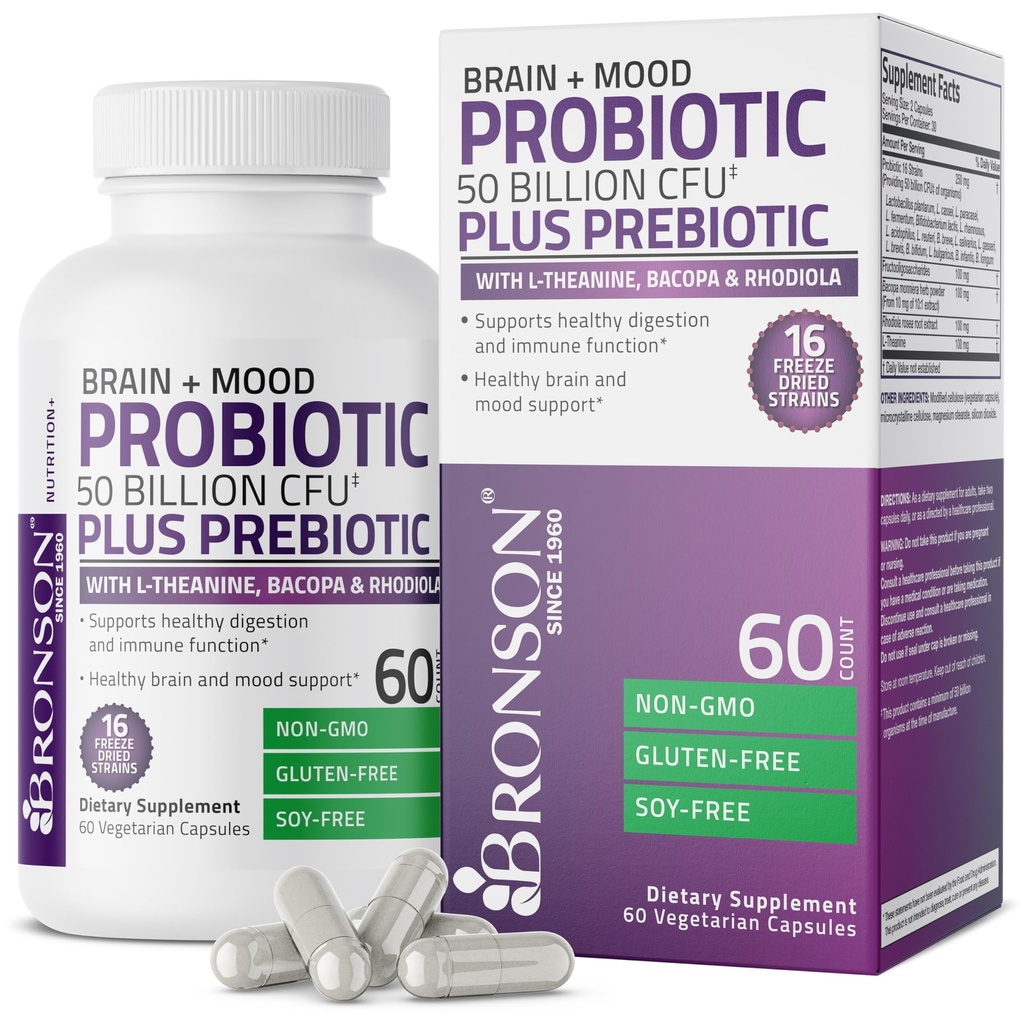 Bronson Brain + Mood Probiotic 50 Milyar CFU Plus Prebiotic with L- Theanine, Bacopa and Rhodiola Non-GMO, 60 Vegetarian Capsules
